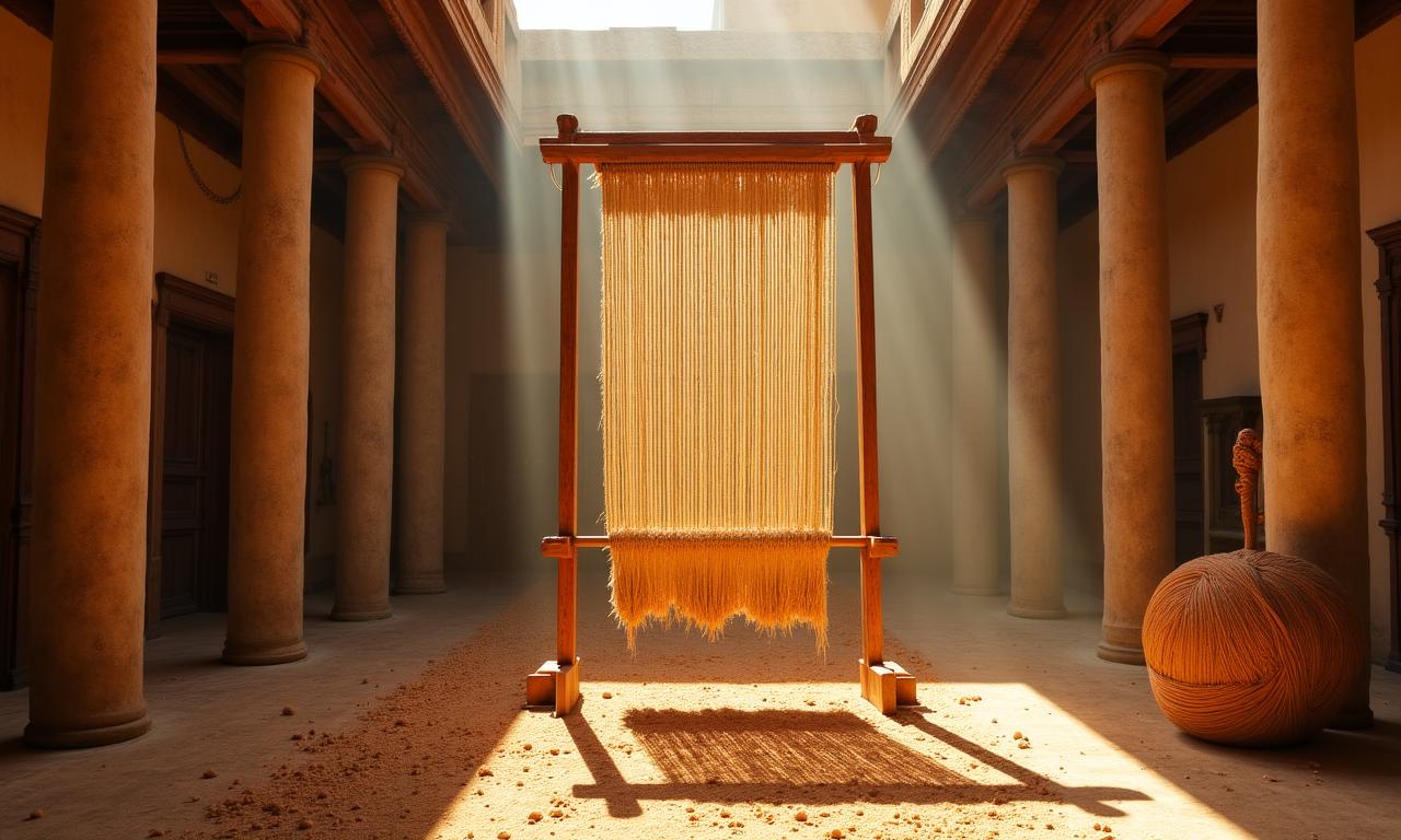 Ricostruzione di un antico laboratorio tessile romano con telai in legno e tessuti preziosi